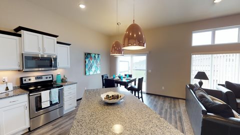 copper light fixtures, kitchen isalnd